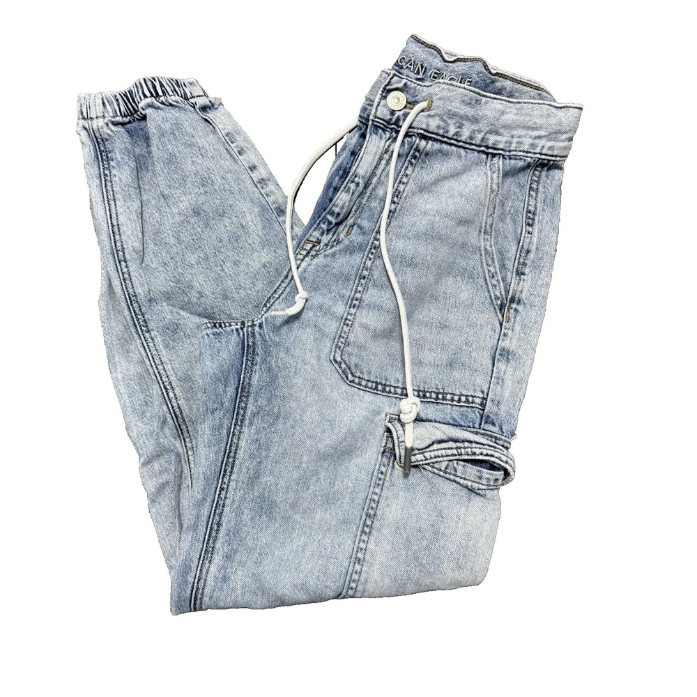 American Eagle Jeans Blue Cargo Jogger Denim Drawstring Trucker Wash Women's 0